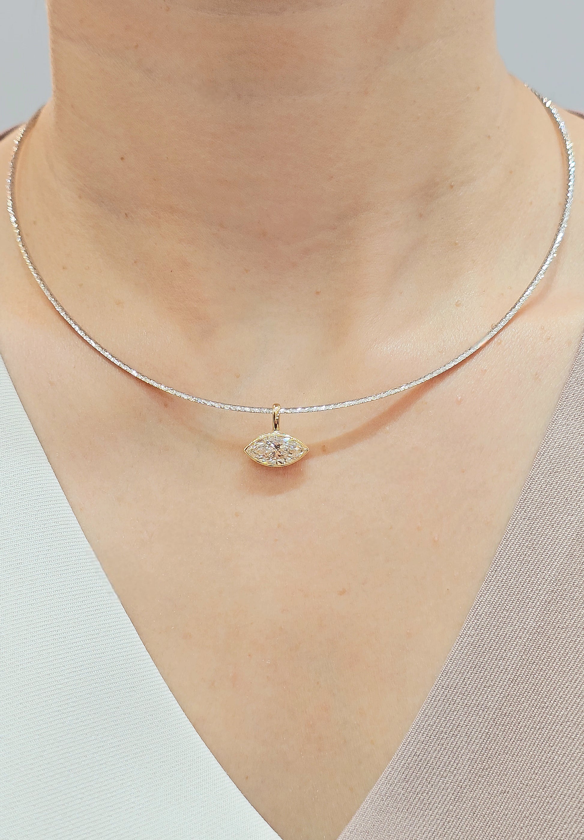 Marquise Cut Lab Grown Diamond Yellow Gold Bezel Pendant Necklace by Sphere Diamond Bangkok