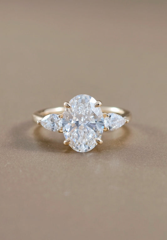 Three Stone Oval Lab Grown Diamond Engagement Ring in 18K White Gold