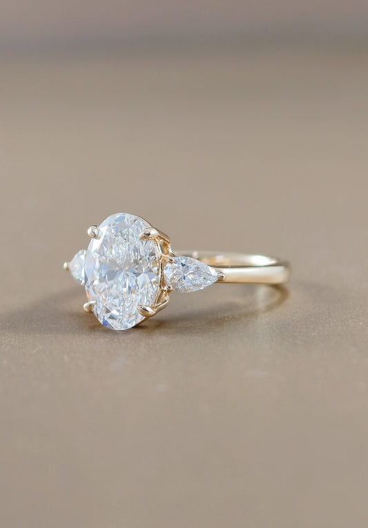 Three Stone Oval Lab Grown Diamond Engagement Ring in 18K White Gold