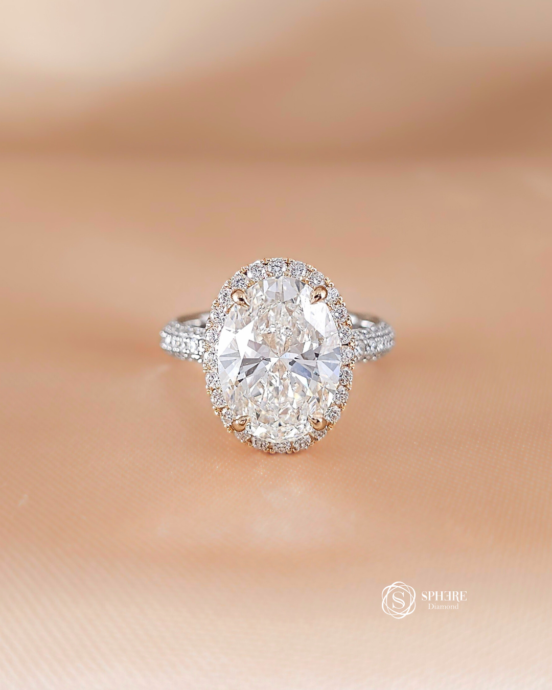 Oval Halo Diamond Ring With Three Side Pave Band