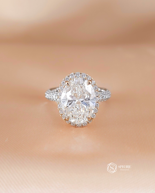 Oval Halo Diamond Ring With Three Side Pave Band