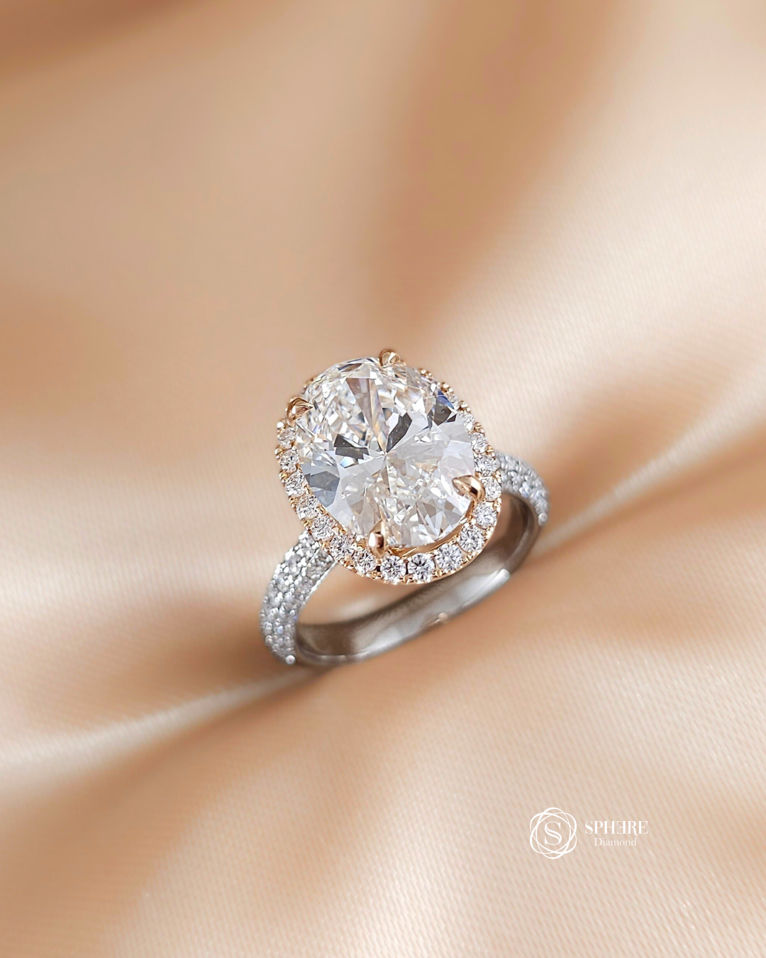 Oval Halo Diamond Ring With Three Side Pave Band