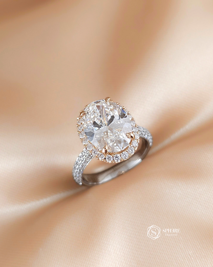 Oval Halo Diamond Ring With Three Side Pave Band