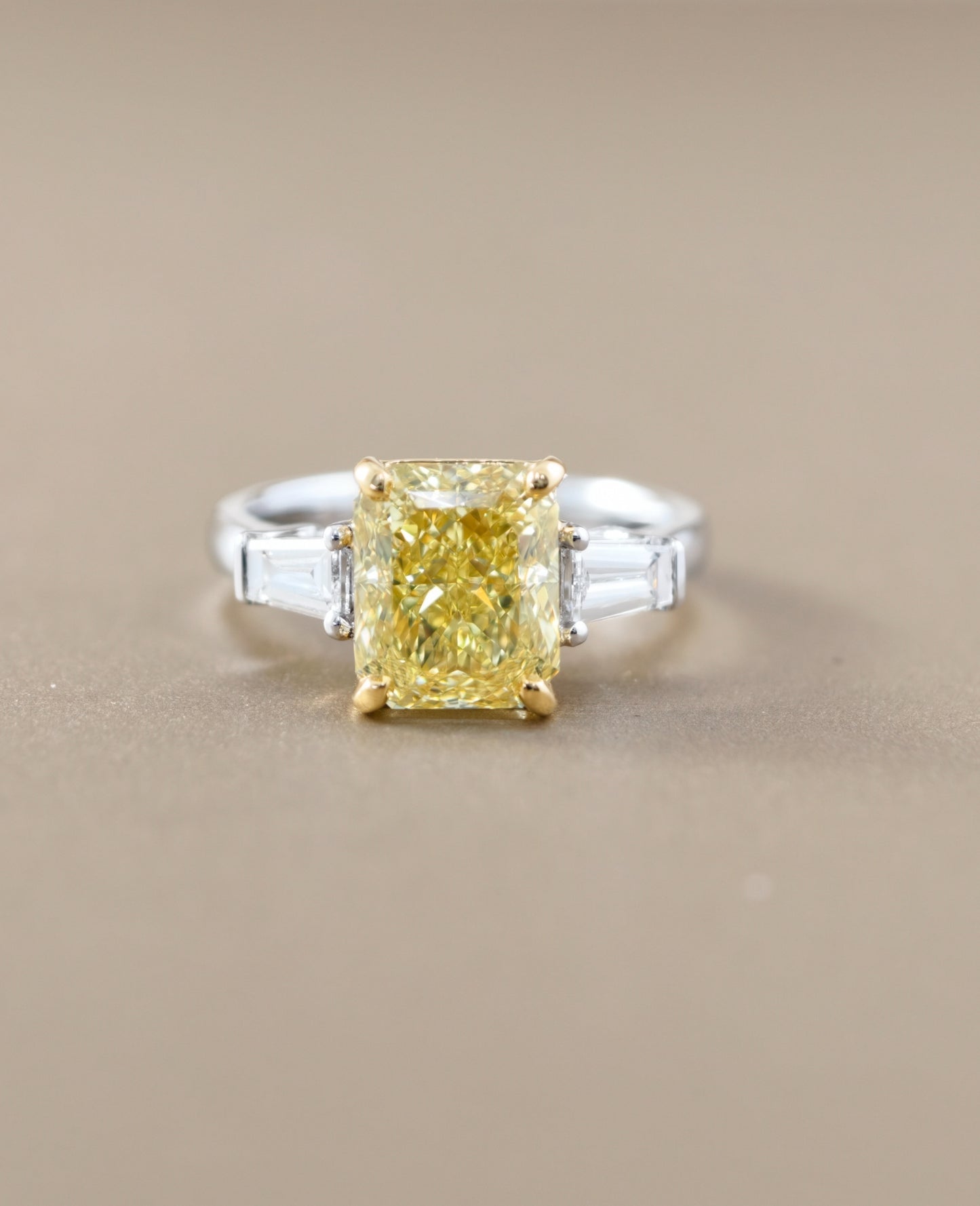 Fancy Yellow Radiant Cut Classic Solitaire Lab Grown Diamond Engagement Ring in Two-Tone Gold by Sphere Diamond Bangkok Thailand