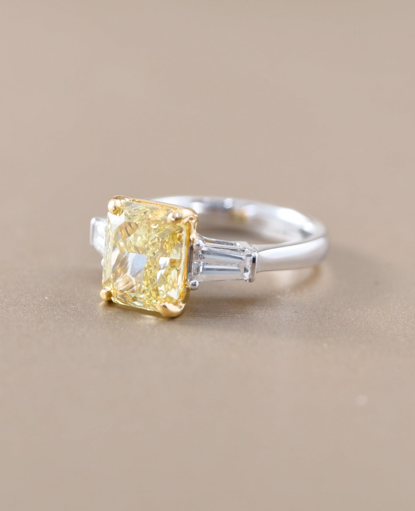 Fancy Yellow Radiant Cut Classic Solitaire Lab Grown Diamond Engagement Ring in Two-Tone Gold by Sphere Diamond Bangkok Thailand