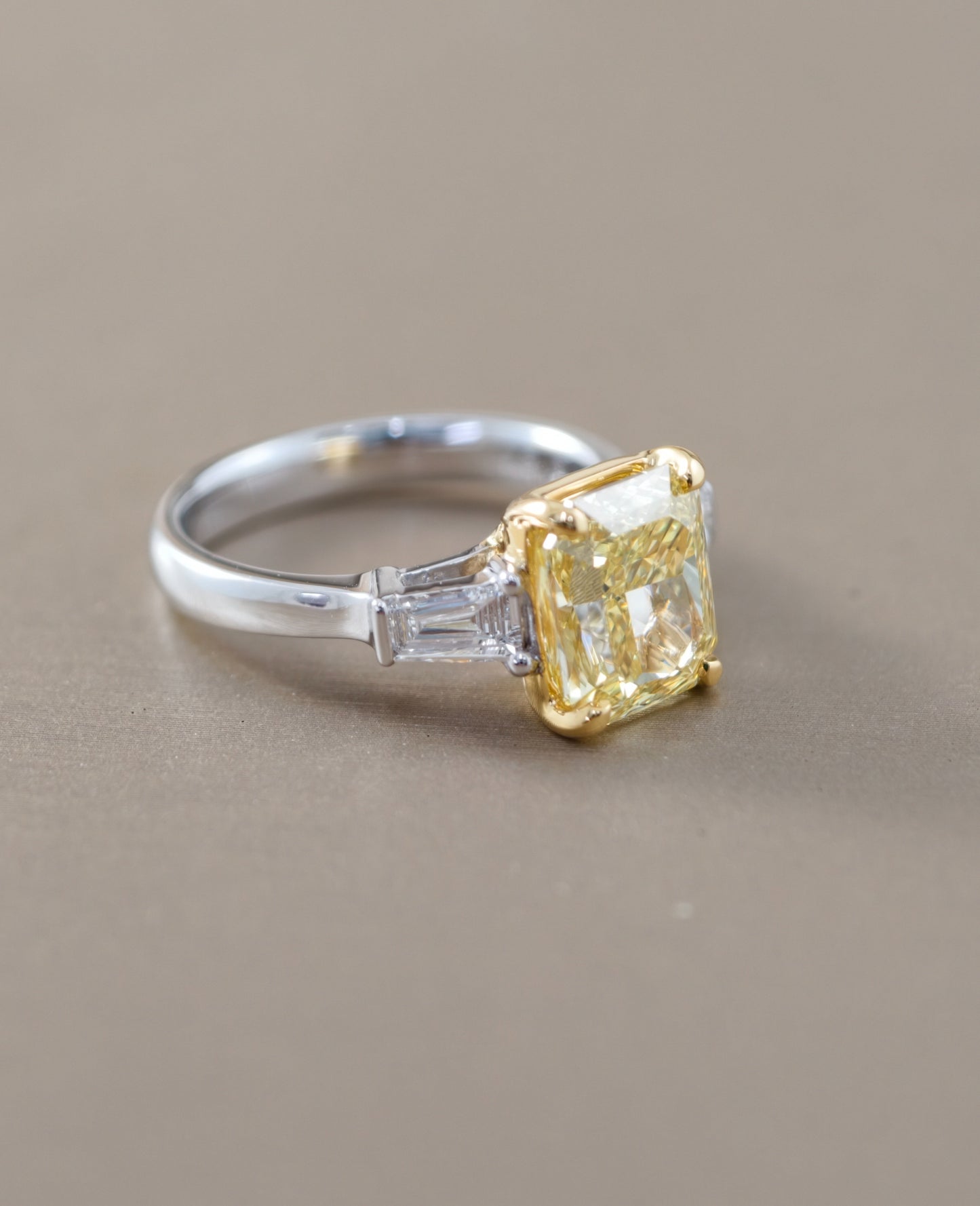 Fancy Yellow Radiant Cut Classic Solitaire Lab Grown Diamond Engagement Ring in Two-Tone Gold by Sphere Diamond Bangkok Thailand