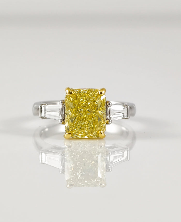 Fancy Yellow Radiant Cut Lab Grown Diamond Engagement Ring with Tapered Baguettes | IGI Certified