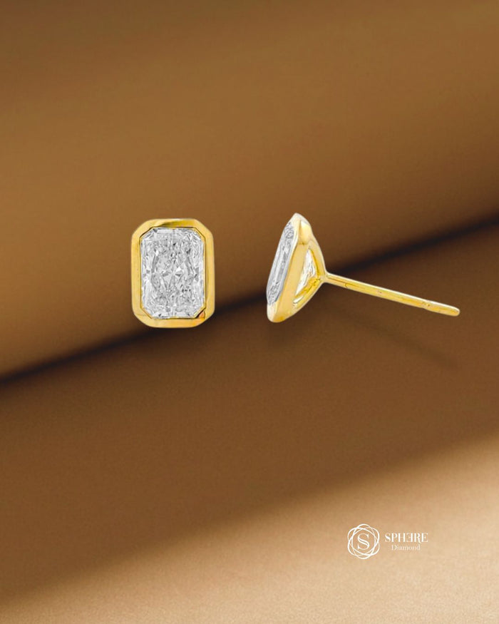 Auris Bezel Emerald Lab Grown Diamond Stud Earrings | Emerald Cut Bezel Diamond Earrings | Sphere Diamond Bangkok Thailand