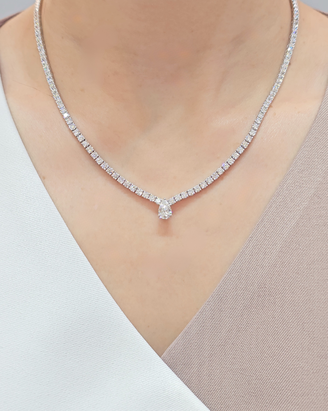 V Shape Tennis Necklace With Pear Cut Pendants