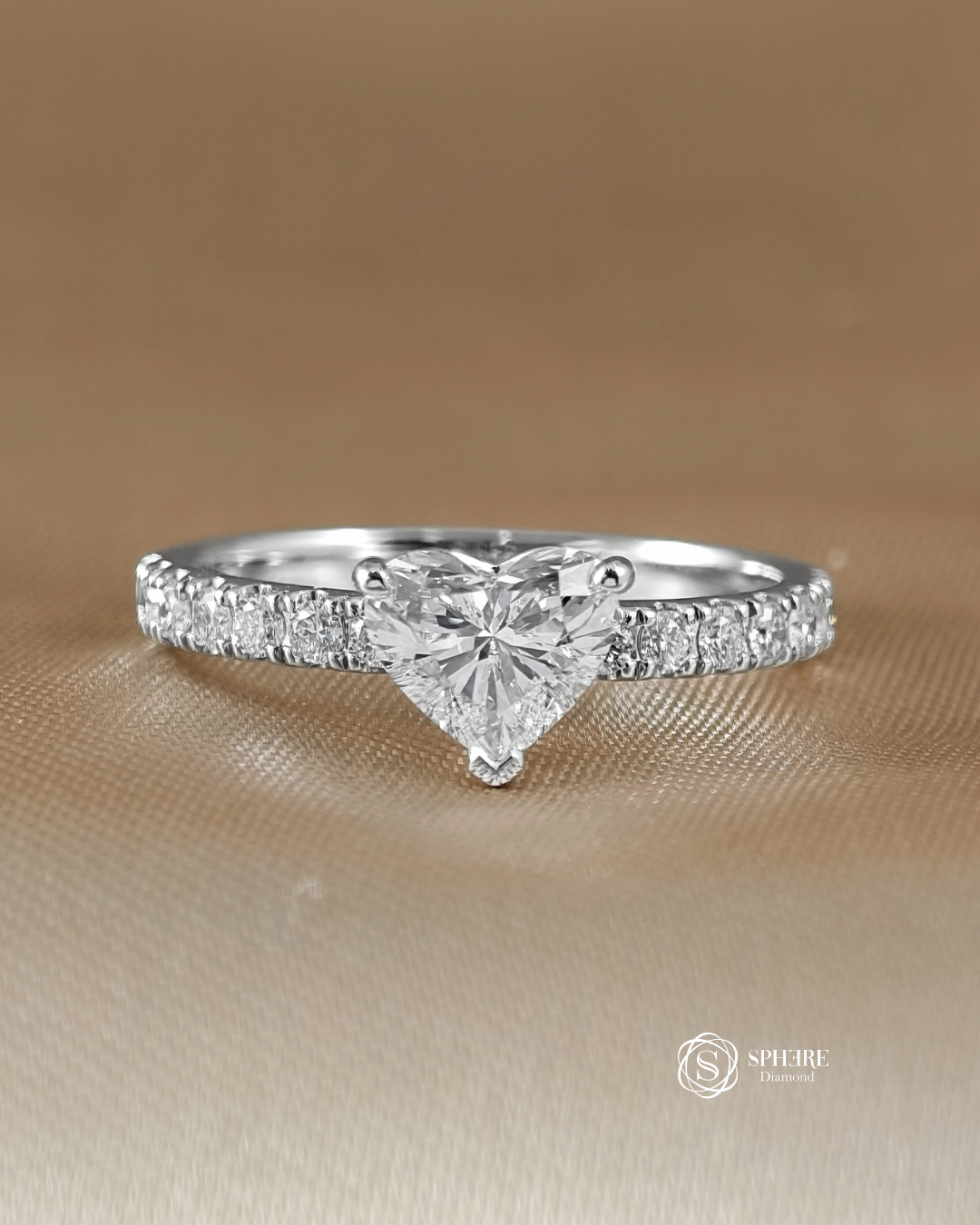 Heart lab grown diamond engagement ring in Bangkok with pavé band | Sphere Diamond