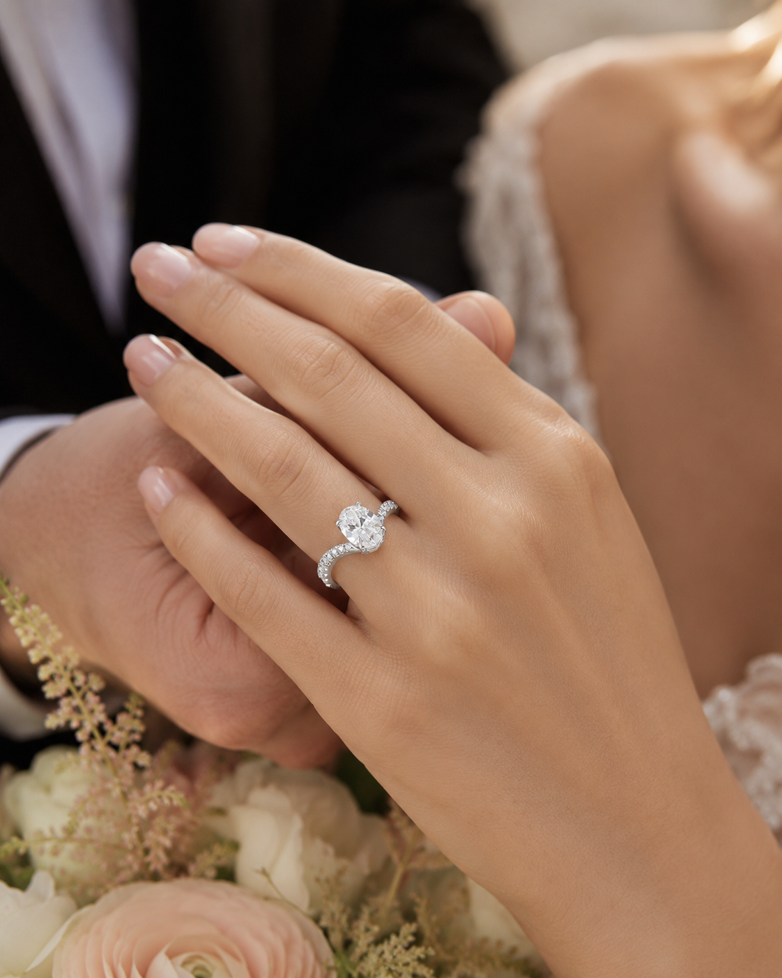 Aurelia Oval Twist Pavé Lab Grown Diamond Engagement Ring worn by bride in a luxury wedding moment by Sphere Diamond Bangkok featuring an IGI Certified oval diamond