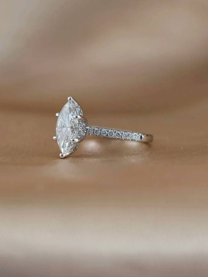 Side view of Marquise Lab Grown Diamond Pavé Solitaire Engagement Ring in White Gold | IGI Certified | Sphere Diamond Bangkok