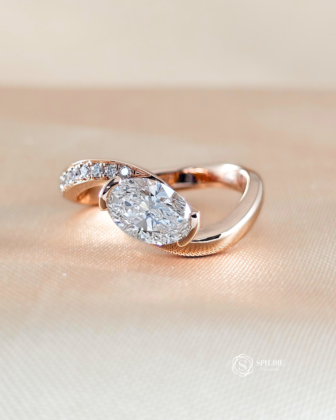 Luxury Aurora Oval Lab Grown Diamond Curve Half Pavé Engagement Ring with IGI Certified Oval Diamond available at Sphere Diamond Bangkok