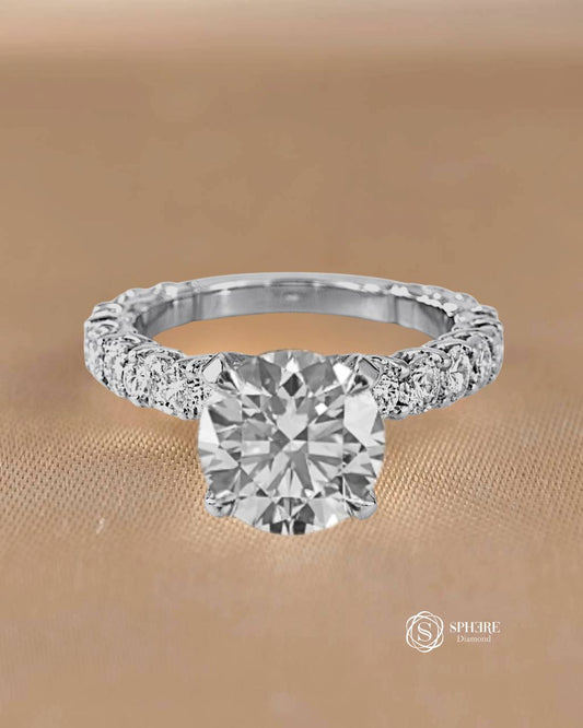 Aurora Round Lab Grown Diamond U Pavé Engagement Ring with IGI Certified Round Brilliant Diamond in 18K White Gold | Sphere Diamond Bangkok