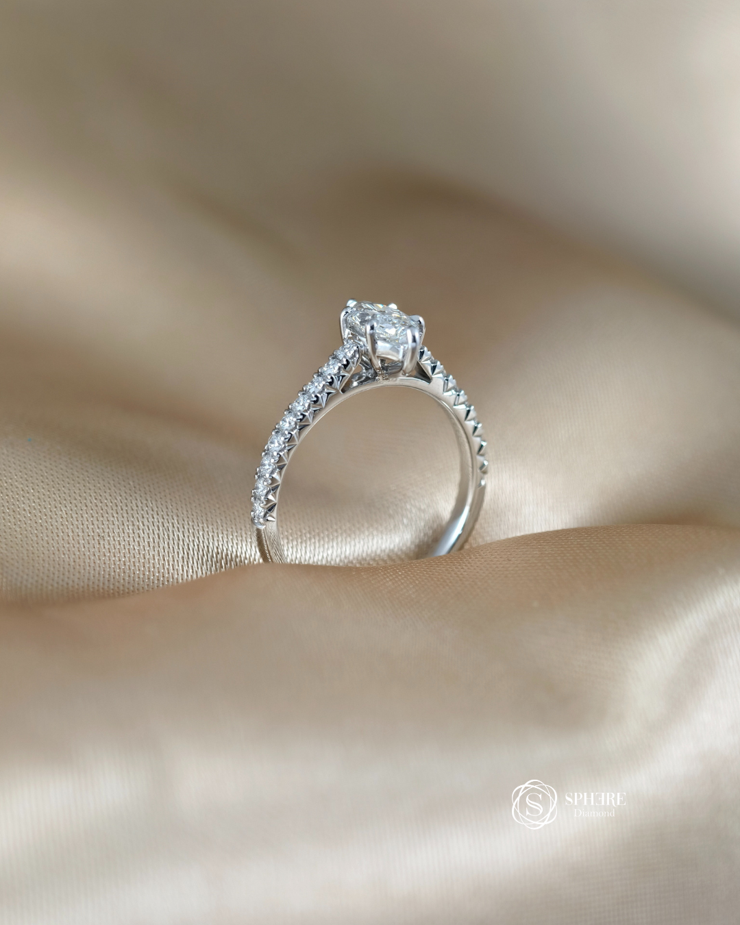 Elegant Marquise Lab Grown Diamond Engagement Ring with Pavé Band handcrafted by Sphere Diamond Thailand
