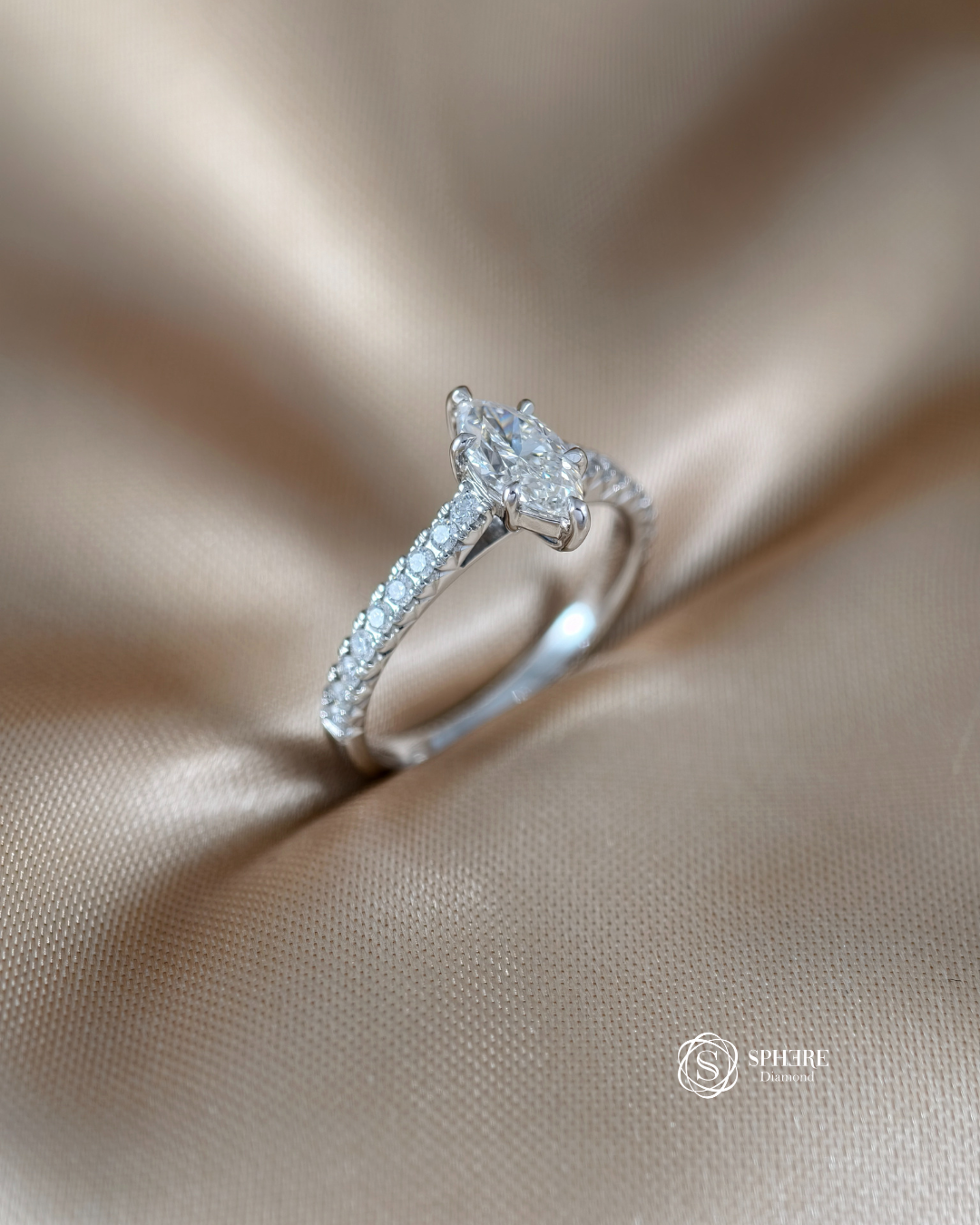 Elegant Marquise Lab Grown Diamond Engagement Ring with Pavé Band handcrafted by Sphere Diamond Thailand