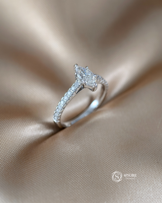 Elegant Marquise Lab Grown Diamond Engagement Ring with Pavé Band handcrafted by Sphere Diamond Thailand