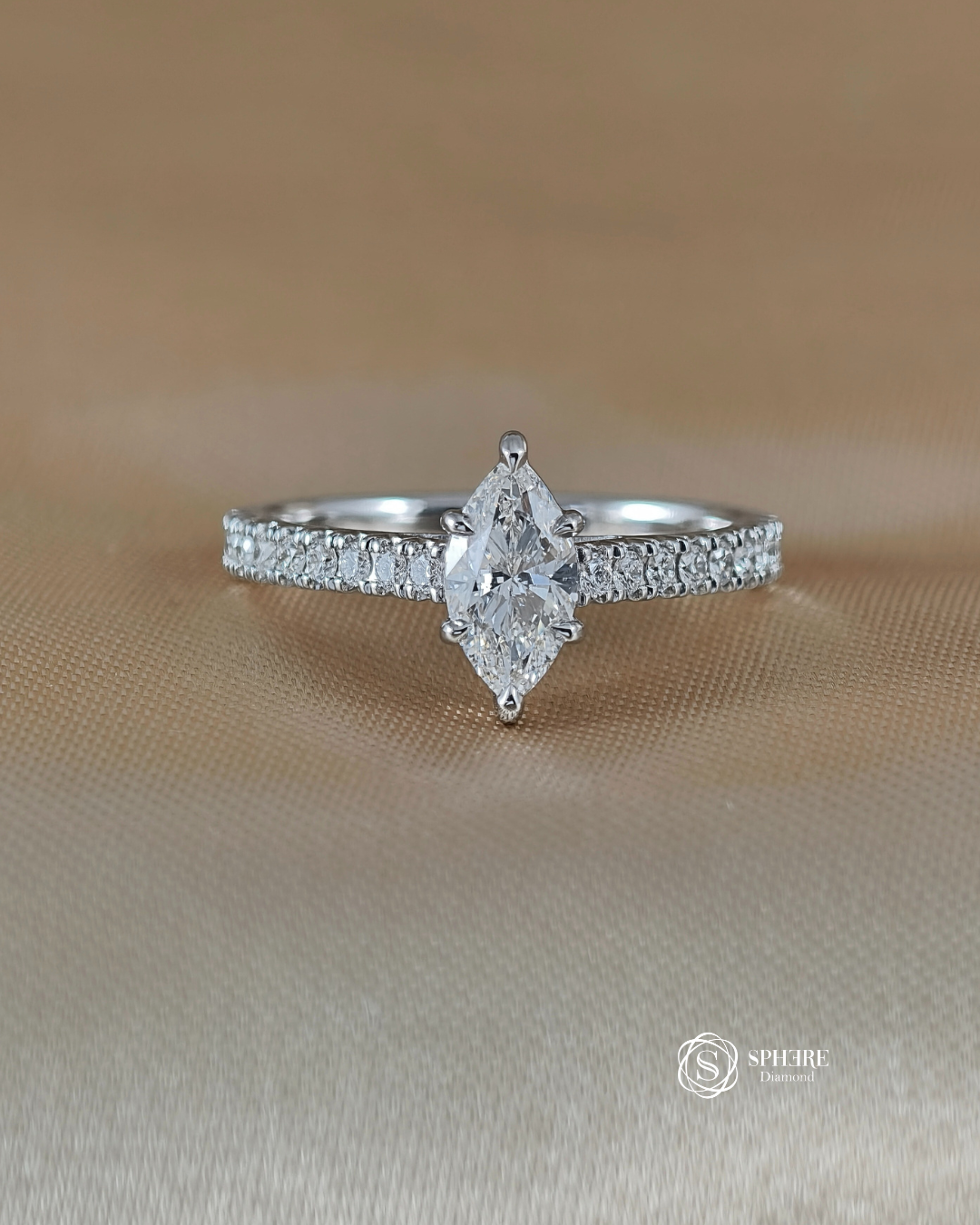 Celeste Marquise Pavé Lab Grown Diamond Engagement Ring in 18K White Gold by Sphere Diamond Bangkok featuring an IGI Certified Diamond