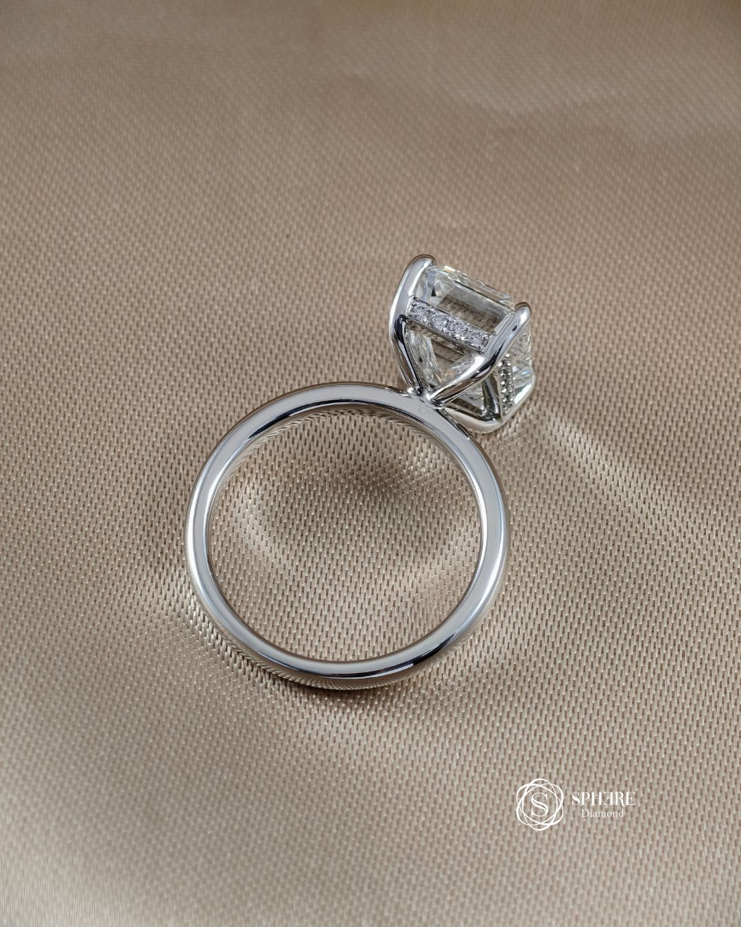 Back profile of Radiant lab grown diamond hidden halo solitaire engagement ring | Sphere Diamond Bangkok