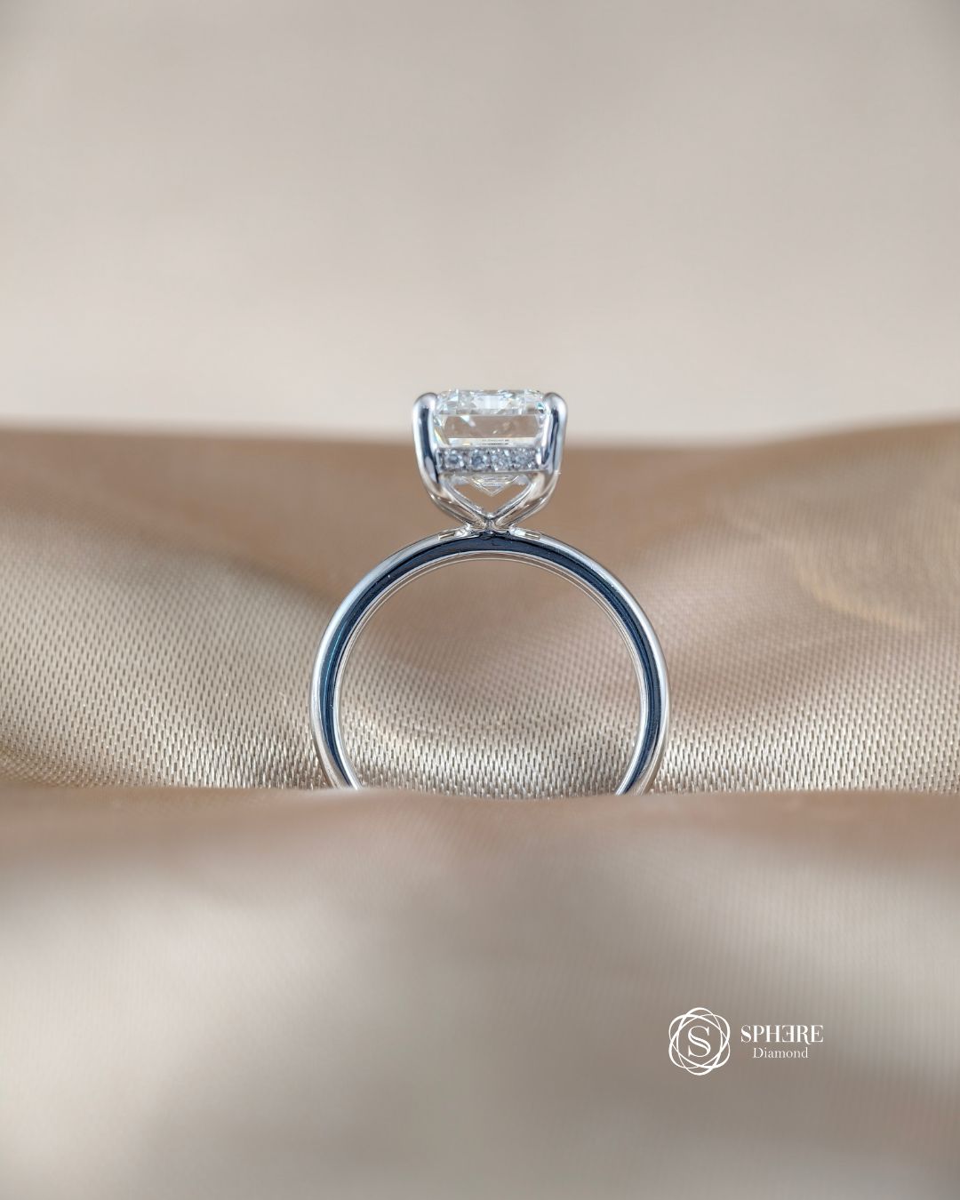 Radiant lab grown diamond engagement ring setting detail with hidden halo | Sphere Diamond Bangkok