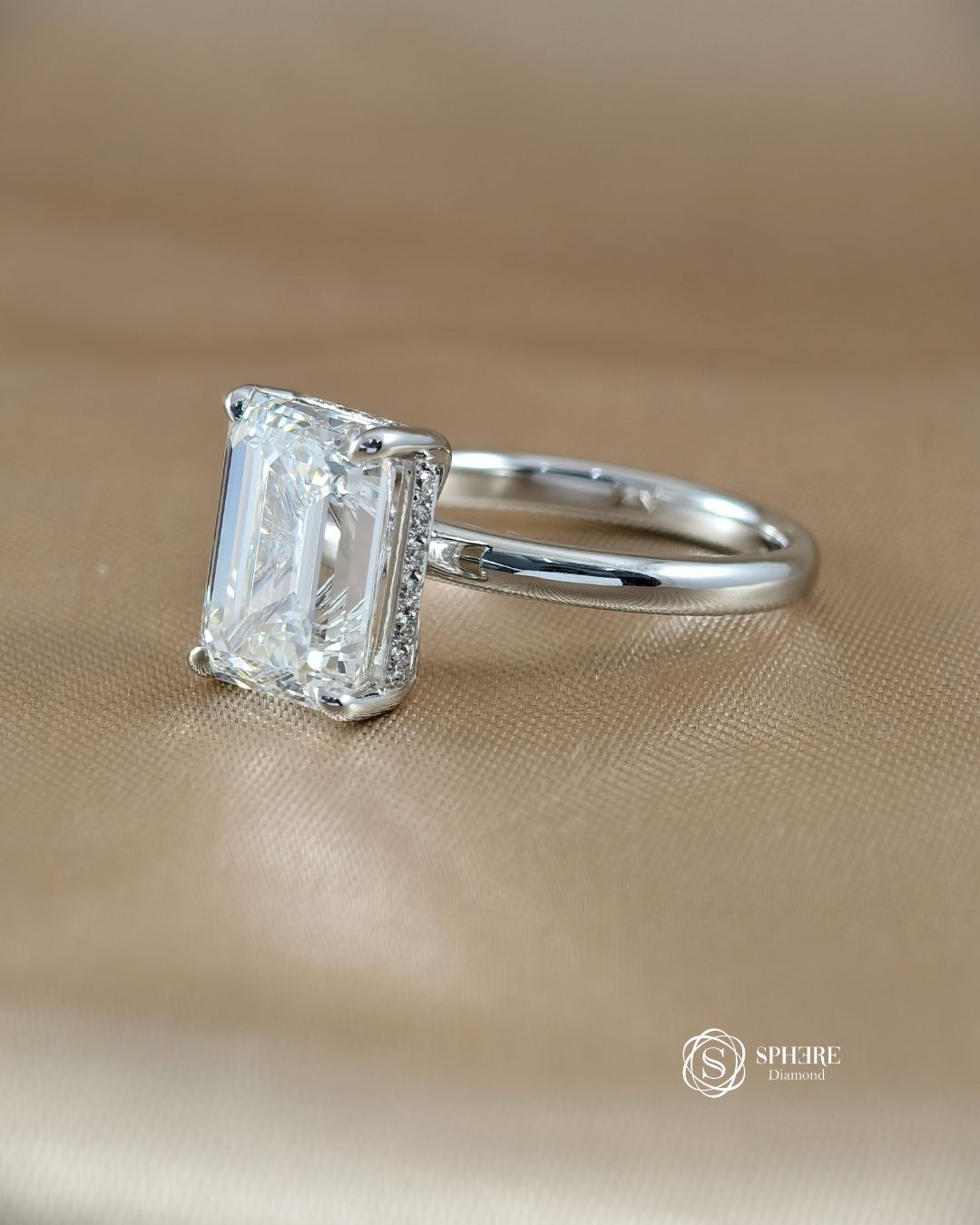 Radiant lab grown diamond solitaire engagement ring three-quarter view in Bangkok | Sphere Diamond