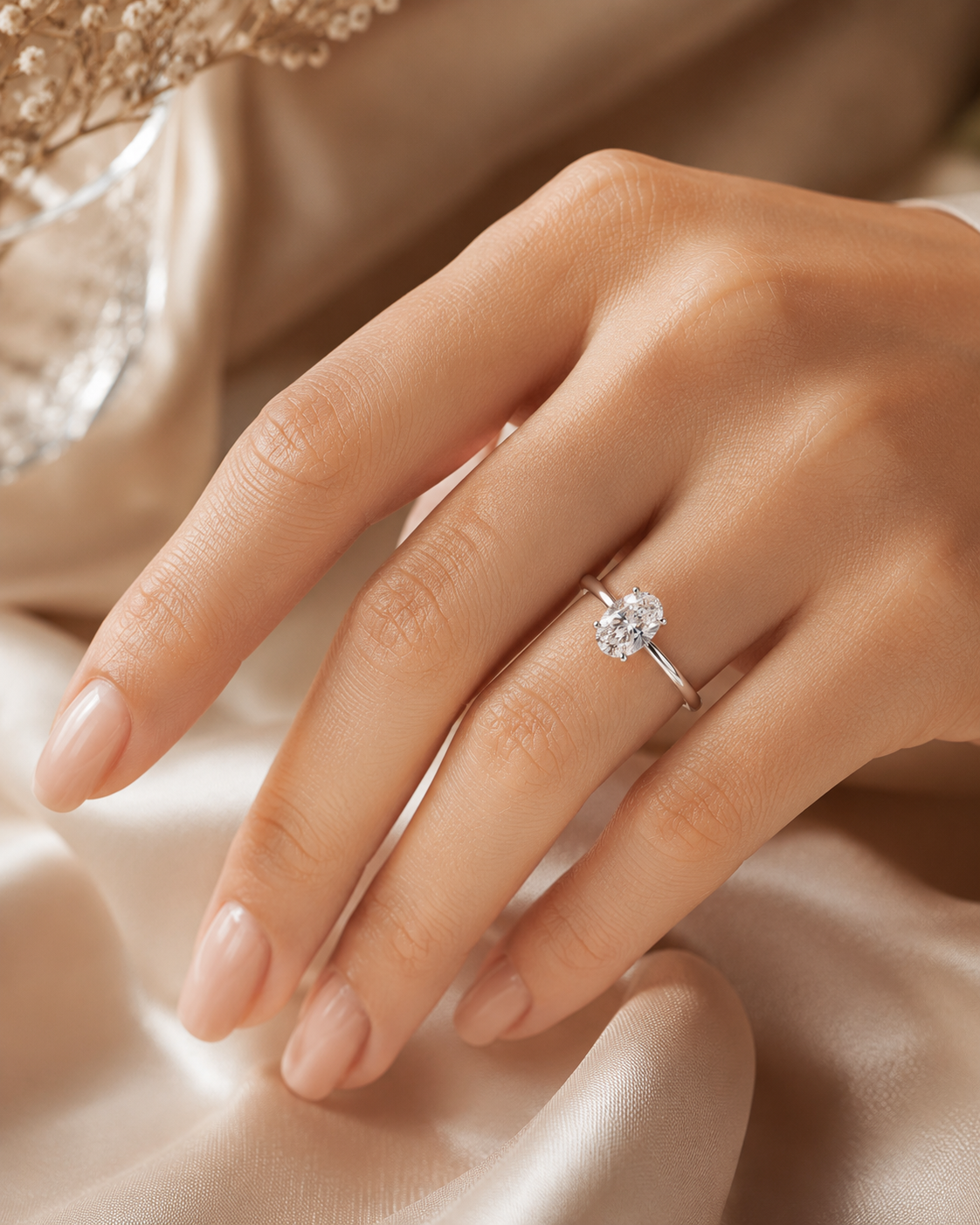 Celestia Oval Lab Grown Diamond Engagement Ring worn on hand in 18K White Gold by Sphere Diamond Bangkok featuring an IGI Certified oval diamond