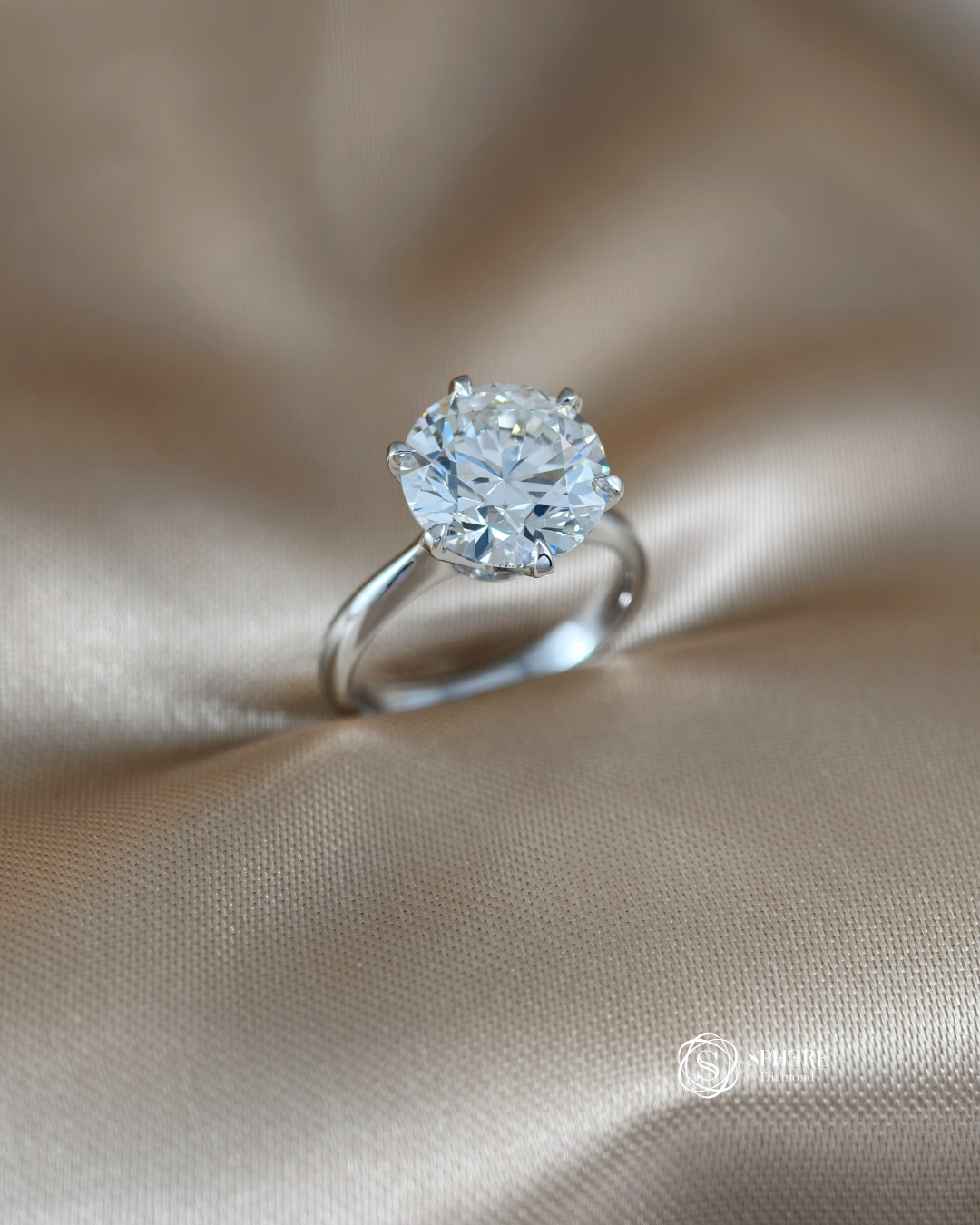 Classic Round Brilliant Lab Grown Diamond Engagement Ring with 6-Prong Solitaire Setting, handcrafted by Sphere Diamond Bangkok