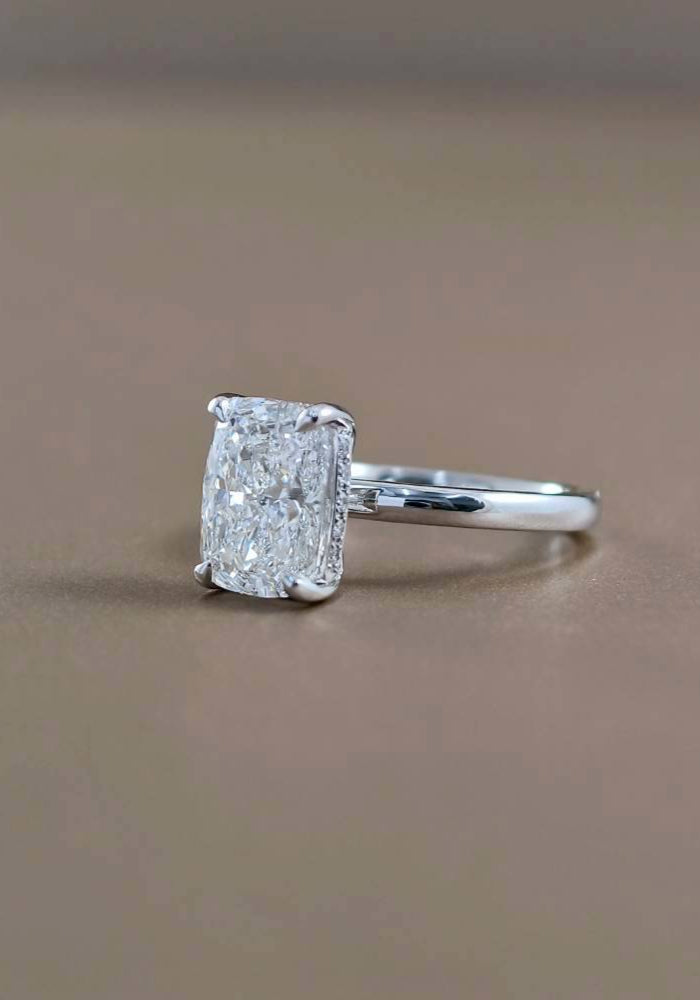 Cushion classic solitaire with hidden halo lab grown diamond ring