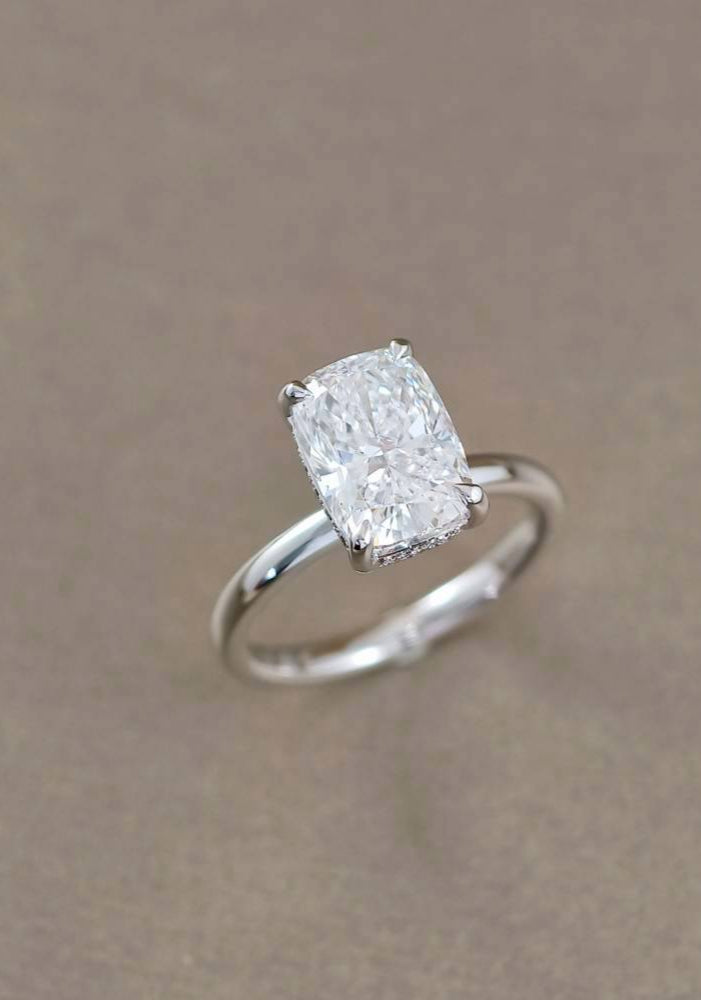 Cushion classic solitaire with hidden halo lab grown diamond ring