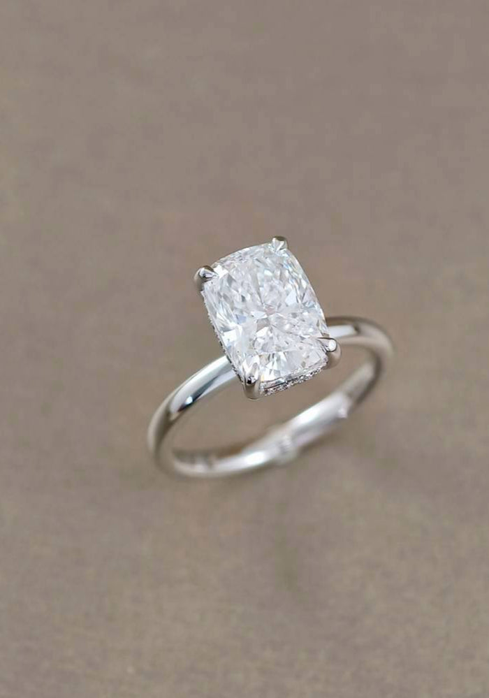Cushion classic solitaire with hidden halo lab grown diamond ring
