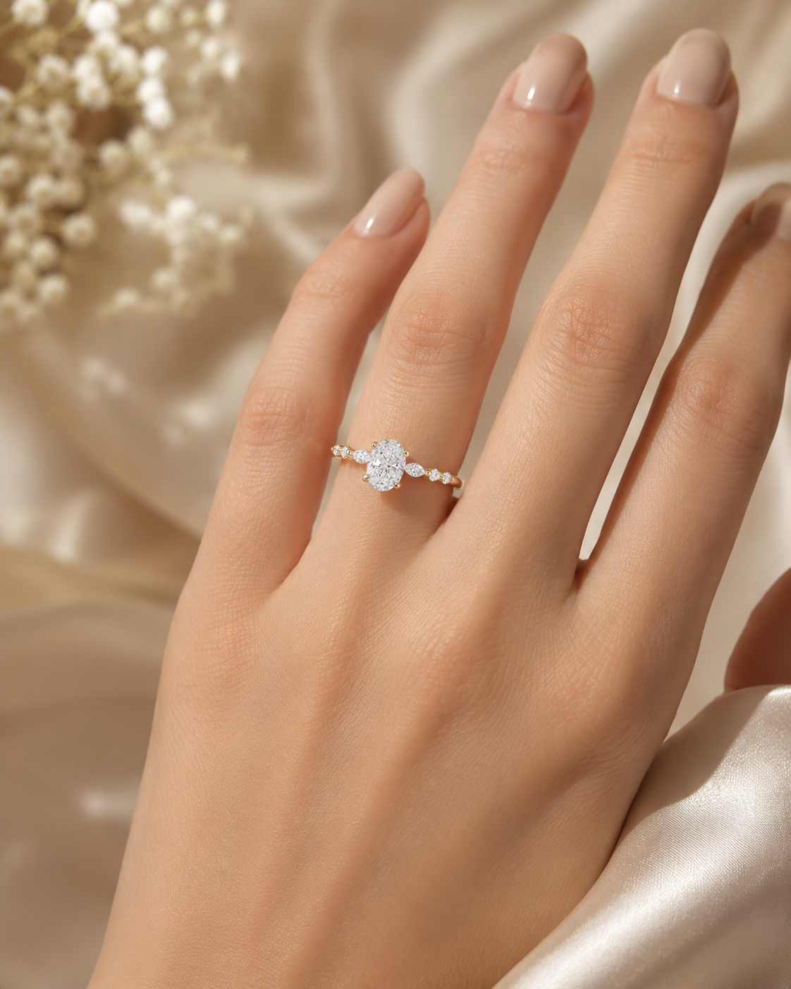 Emily Oval Lab Grown Diamond Engagement Ring worn on hand with 18K Pink Gold setting by Sphere Diamond Bangkok