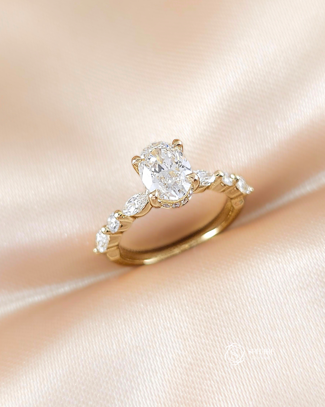 Emily Oval Lab Grown Diamond Ring with marquise and round side stones handcrafted by Sphere Diamond Thailand