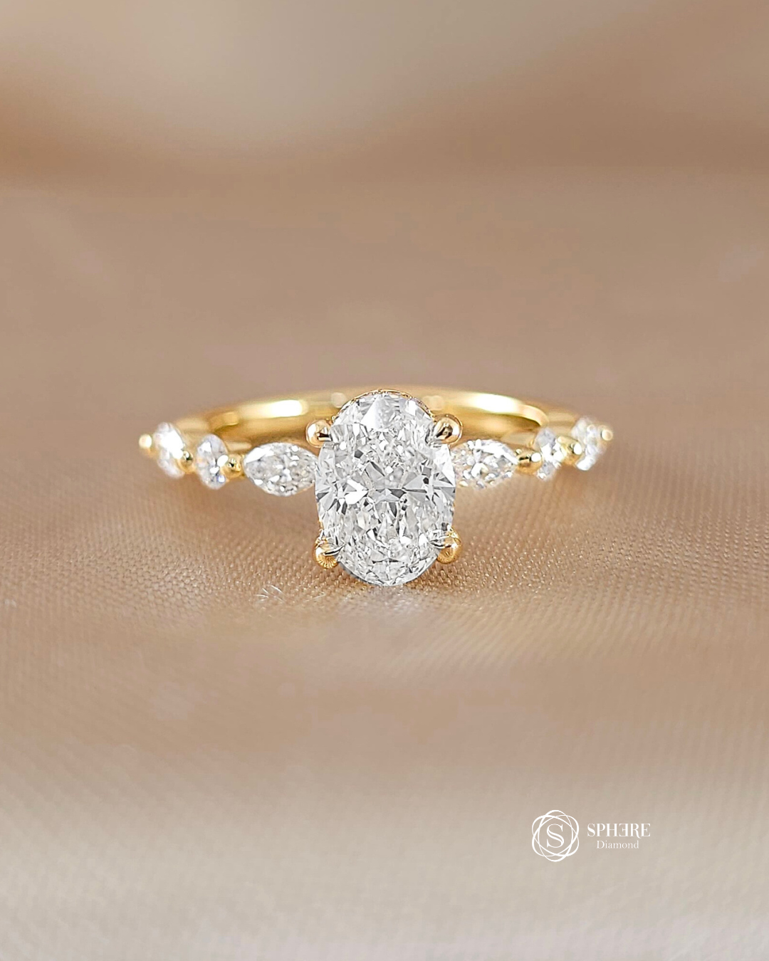 Emily Oval Marquise Side Stone Lab Grown Diamond Engagement Ring in 18K Pink Gold by Sphere Diamond Bangkok featuring an IGI Certified oval diamond