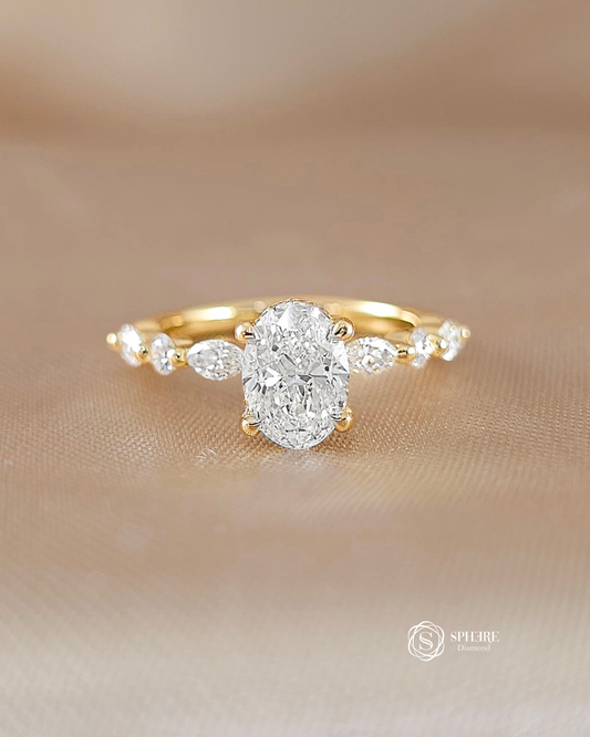 Emily Oval Marquise Side Stone Lab Grown Diamond Engagement Ring in 18K Pink Gold by Sphere Diamond Bangkok featuring an IGI Certified oval diamond