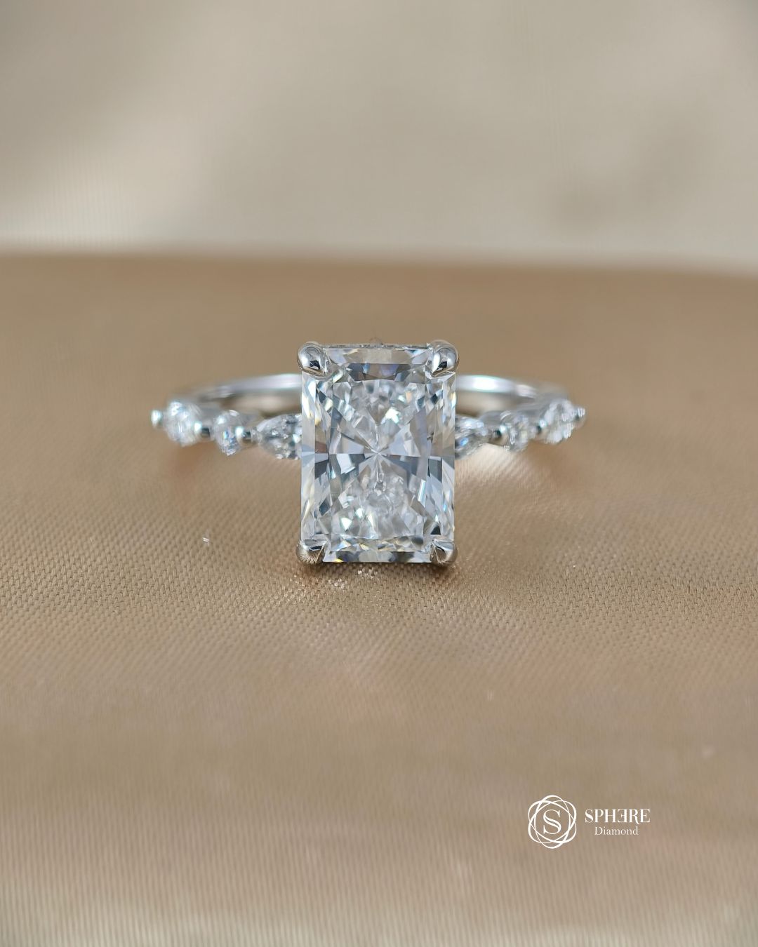 Radiant Lab Grown Diamond Engagement Ring with Marquise and Round Accent Band in Bangkok | IGI Certified | Sphere Diamond