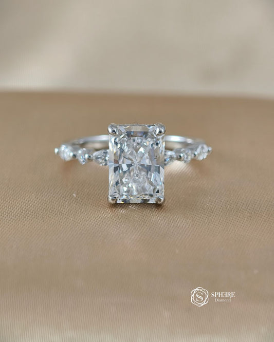 Radiant Lab Grown Diamond Engagement Ring with Marquise and Round Accent Band in Bangkok | IGI Certified | Sphere Diamond