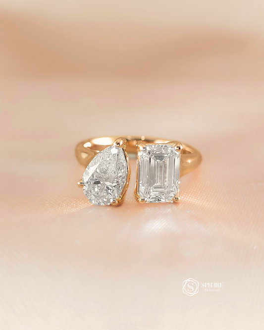 Harmony Pear & Emerald Lab Grown Diamond Open Cuff Engagement Ring in 18K Yellow Gold | IGI Certified | Sphere Diamond Bangkok