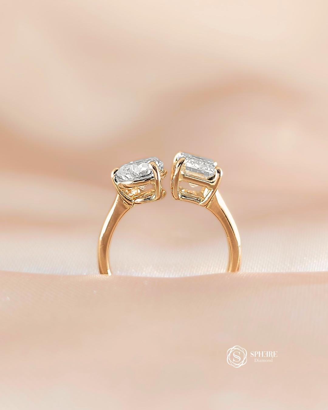 Side profile of Harmony Pear & Emerald Lab Grown Diamond Open Cuff Engagement Ring handcrafted in 18K Gold with IGI Certified Diamonds