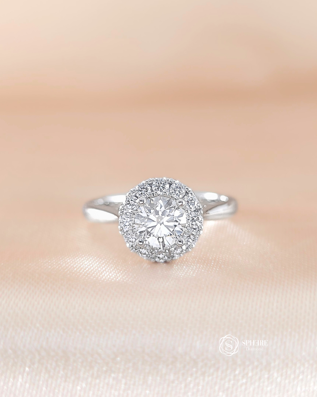 Liora Round Lab Grown Diamond Halo Pavé Engagement Ring featuring an IGI Certified Round Brilliant Diamond in 18K White Gold by Sphere Diamond Bangkok