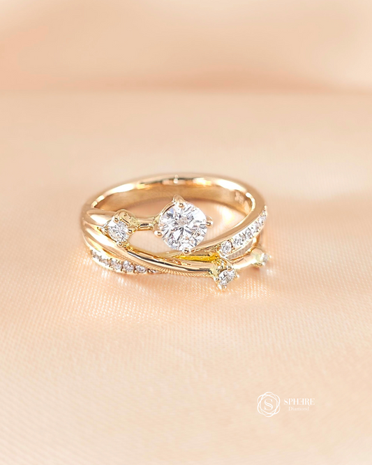 Loren Round Lab Grown Diamond Twist Pavé Engagement Ring with IGI Certified Round Brilliant Diamond in 18K Yellow Gold by Sphere Diamond Bangkok Thailand