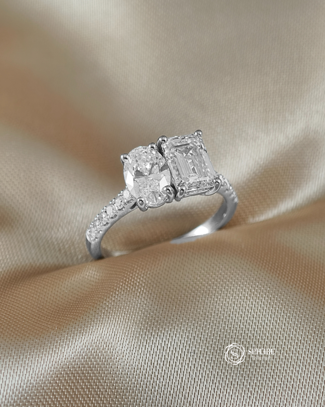 Elegant Oval and Emerald Toi et Moi Lab Grown Diamond Engagement Ring with pavé band and IGI Certified diamonds by Sphere Diamond