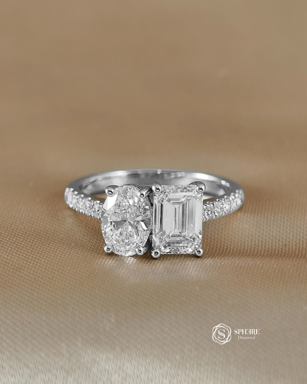 Lumière Toi et Moi Lab Grown Diamond Engagement Ring featuring Oval and Emerald Cut IGI Certified diamonds in 18K White Gold by Sphere Diamond Bangkok