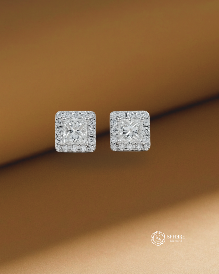 Lumina Princess Lab Grown Diamond Square Halo Stud Earrings with IGI Certified round brilliant lab grown diamonds in white gold by Sphere Diamond Bangkok
