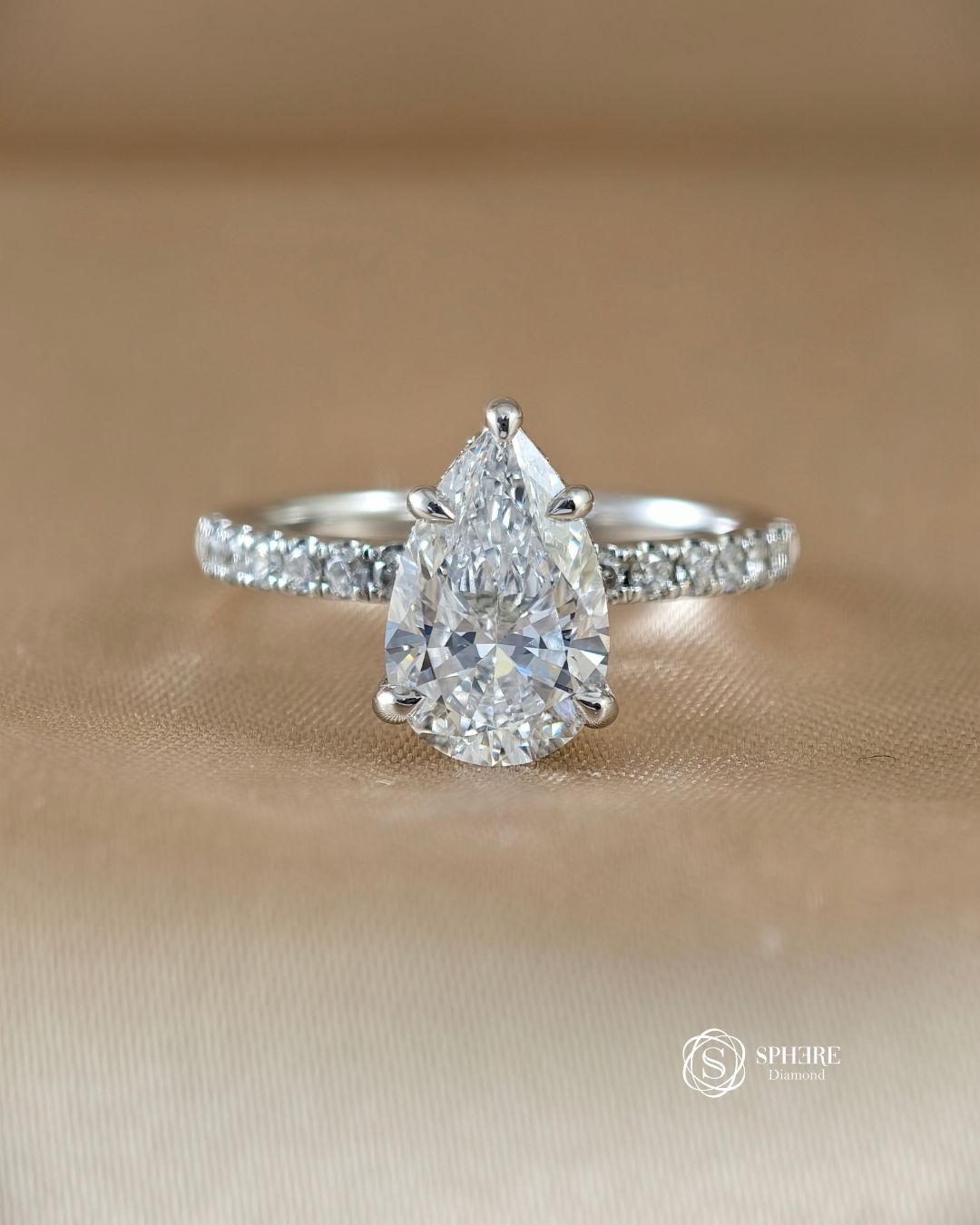 Luna Pear Lab Grown Diamond 5-Prong Pavé Solitaire Engagement Ring with IGI Certified center diamond by Sphere Diamond Bangkok