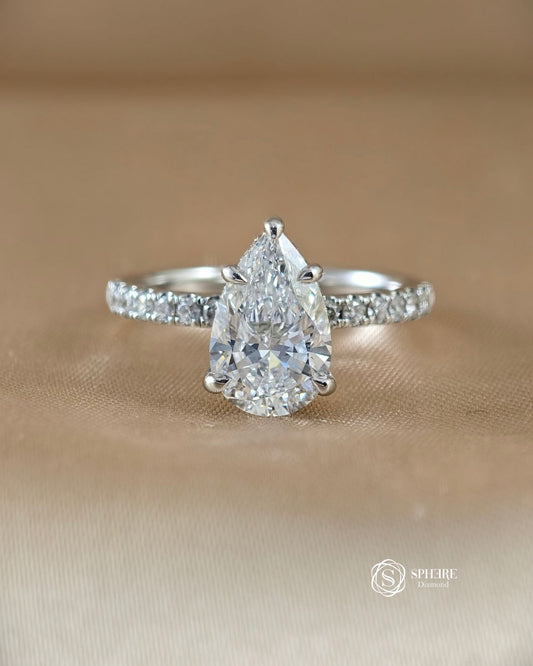 Luna Pear Lab Grown Diamond 5-Prong Pavé Solitaire Engagement Ring with IGI Certified center diamond by Sphere Diamond Bangkok
