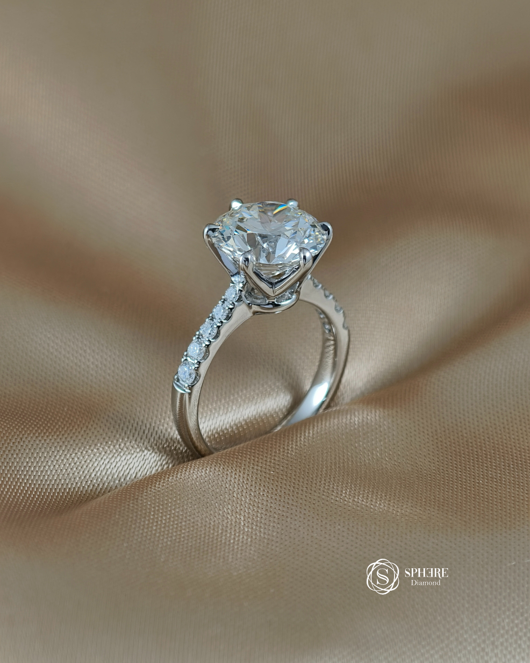 Angled view of Luna Round Lab Grown Diamond Pavé Engagement Ring with six-prong setting | IGI Certified | Sphere Diamond