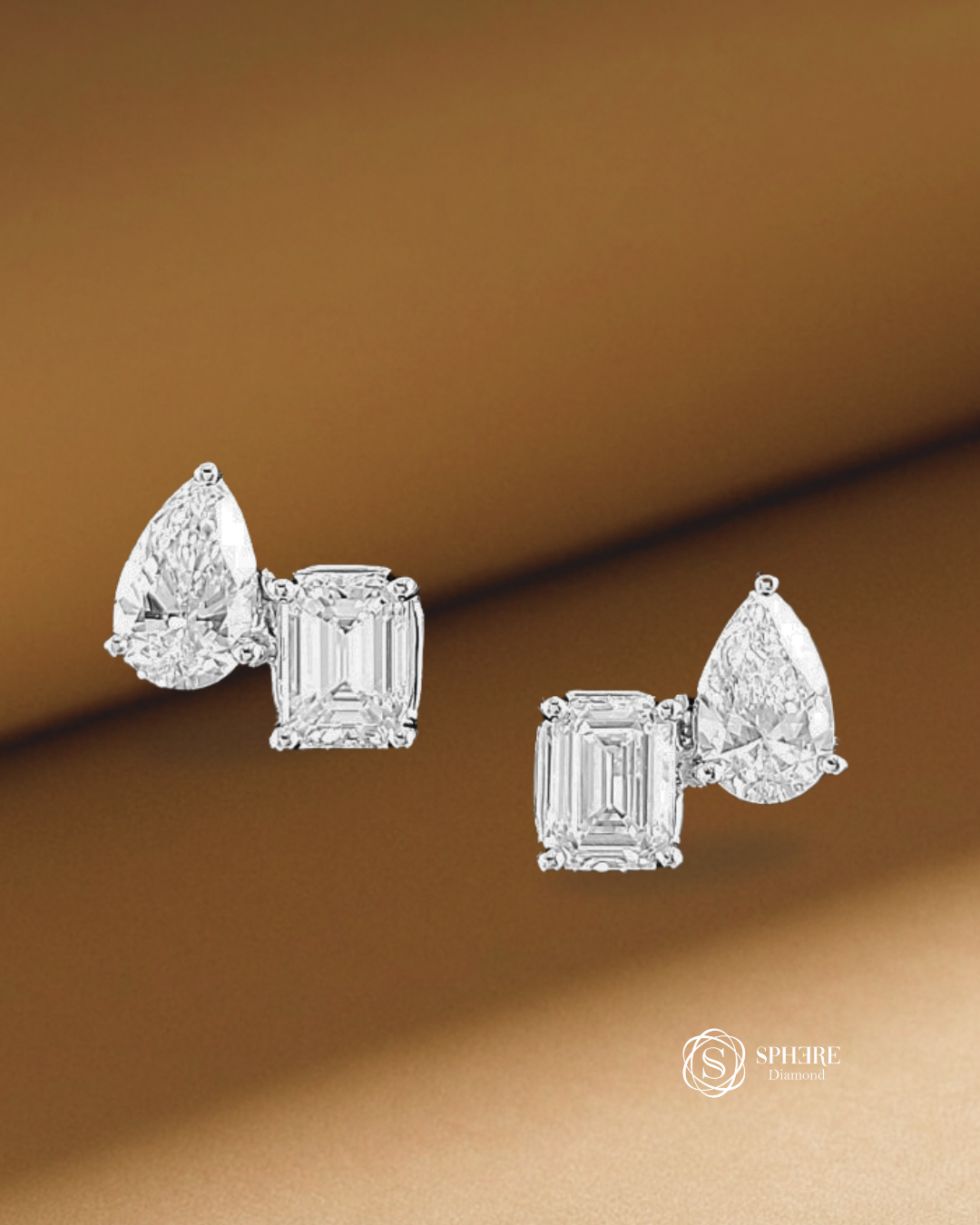 Luna Toi et Moi Pear and Emerald lab grown diamond stud earrings with IGI Certified diamonds by Sphere Diamond Bangkok