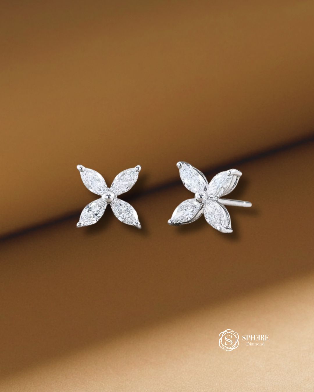 Marquise Cut Lab Grown Diamond Bloom Stud Earrings in 18K White Gold by Sphere Diamond Bangkok Thailand