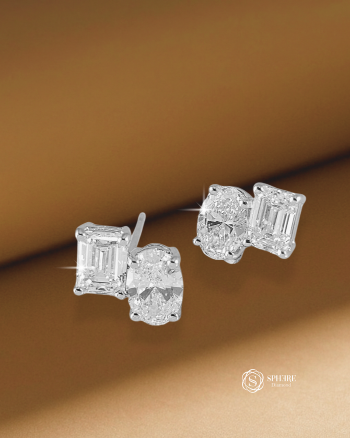 Emerald and Oval Toi et Moi lab grown diamond stud earrings in Bangkok by Sphere Diamond