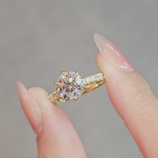 Six Prong Round Lab Grown Diamond Pavé Solitaire Engagement Ring | IGI Certified